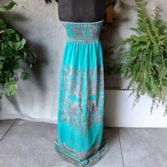 Teal Strapless Paisley Boho Flowy Dress - Picture 2 of 5